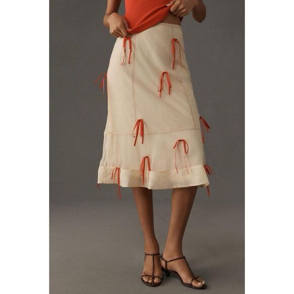 Anthropologie Maeve Ribbon Pencil Midi Skirt Cream Tulle Red Bow Womens 14 NWT